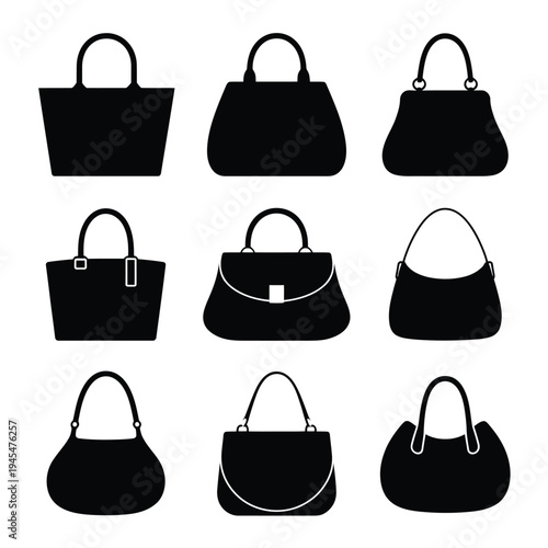 A collection of various black handbag silhouettes on a white background