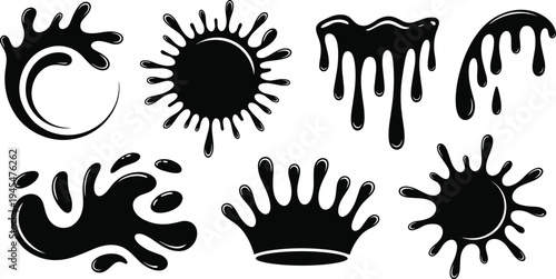 Black ink splash and liquid drip silhouette collection, paint splatter icons, oil or slime drop elements, abstract messy spray vector design