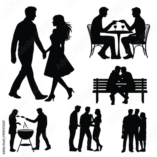 Silhouette illustrations of couples and friends in various social settings