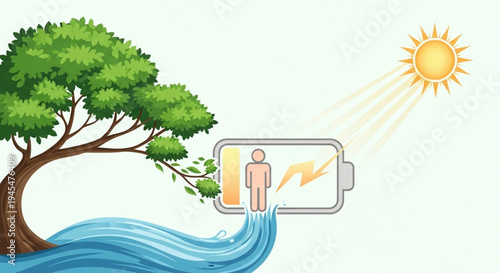 Renewable Energy Concept Illustrating sustainable power generation from natural resources like sun, water, and trees for human vitality