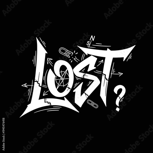 Stylized LOST text with compass and chain elements.