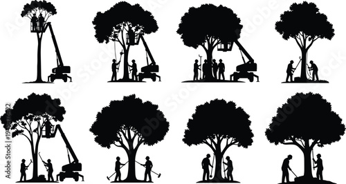 Tree trimming workers silhouettes with crane lift and gardening tools, arborist team pruning trees, landscaping service vector illustration