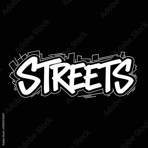 Bold graffiti style text art spelling out STREETS with urban background elements.