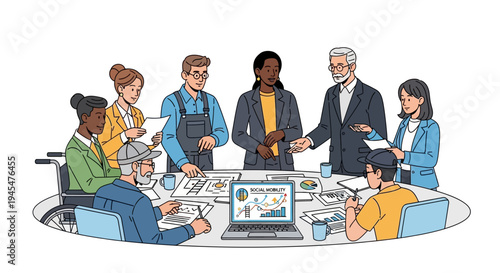 Diverse group of people in a meeting with social mobility graph