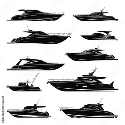 A collection of various luxury yacht designs in black silhouette