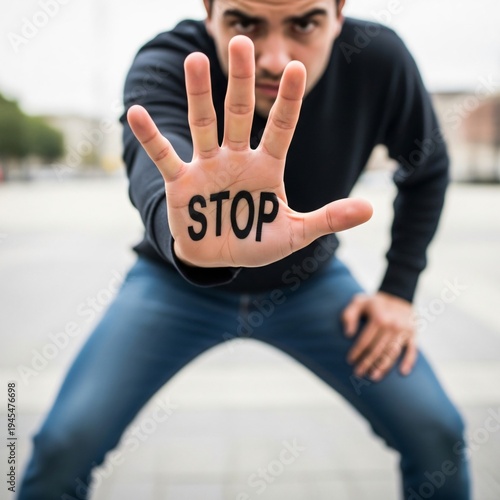 Man in black shirt and blue jeans holding up hand with stop written on it