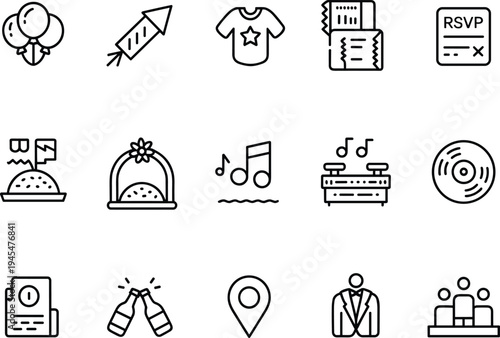 Collection of Party and Celebration Icons on White Background event