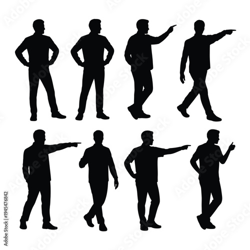 A group of men in various poses and gestures in silhouette