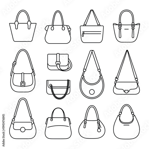 A collection of various handbag designs and styles illustrated