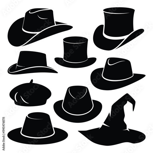 A collection of various black hats on a white background