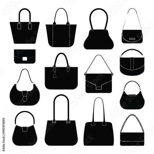 A collection of various black handbags and purses on a white background