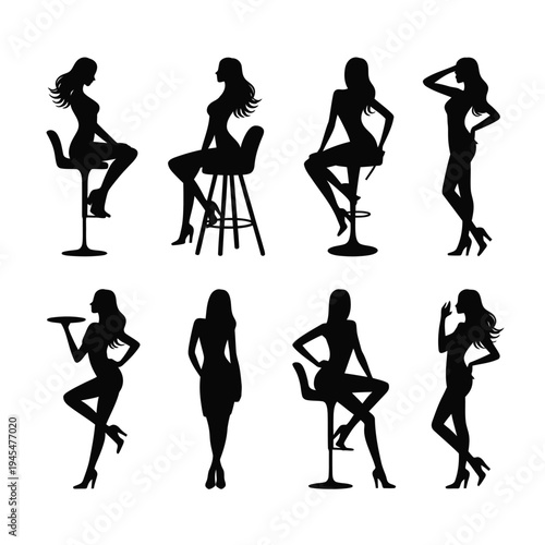 A set of elegant black silhouettes of women in various poses