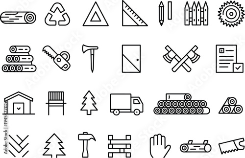 Collection of woodworking and construction line art icons timber lumber