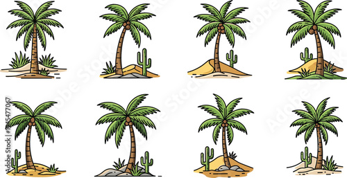 Palm Tree Illustration Set with Desert Landscape and Cactus Elements for Tropical and Nature-Themed Graphic Designs