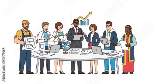 Diverse group of professionals collaborating around a table with laptops and documents