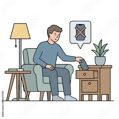 Man sitting on chair talks on phone beside table with alarm clock