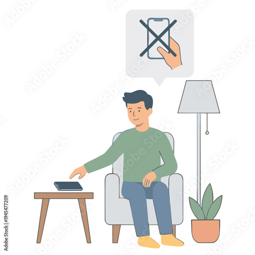 A man sits on the couch interacting with a tablet next to a lamp and plant.