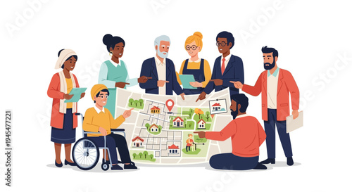 Diverse group of people planning and discussing a neighborhood map