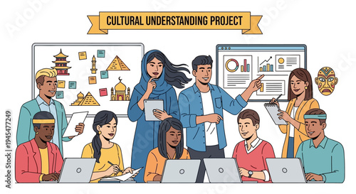 Cultural understanding project team working together on laptops