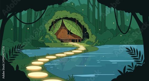 Whimsical forest scene, mystical hut, glowing pathway, serene landscape, fantasy illustration