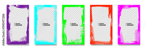 Grunge Design Frame Templates Set - Colorful Brush Stroke Borders with Halftone Patterns in Yellow Black Green Orange Blue
