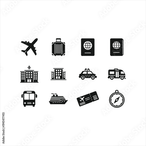 Travel and transportation vector icons set. various modes of transport, travel essentials, and destination symbols
