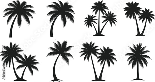 Vector Set of Palm Trees in Various Poses and Shapes for Tropical and Beach-Themed Graphic Designs