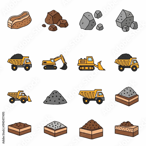 Construction and Mining Elements - A Collection of Rocks, Dirt Piles, and Heavy Machinery Icons.