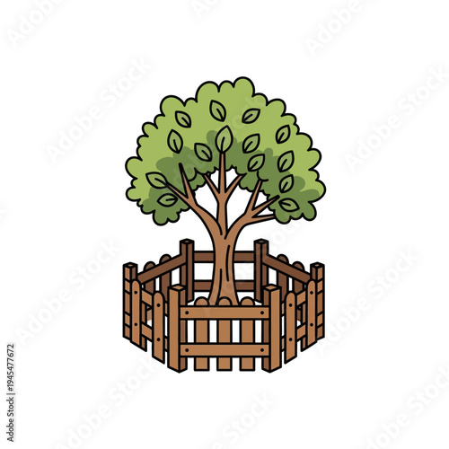 A young green tree is protected by a wooden fence in a garden setting.