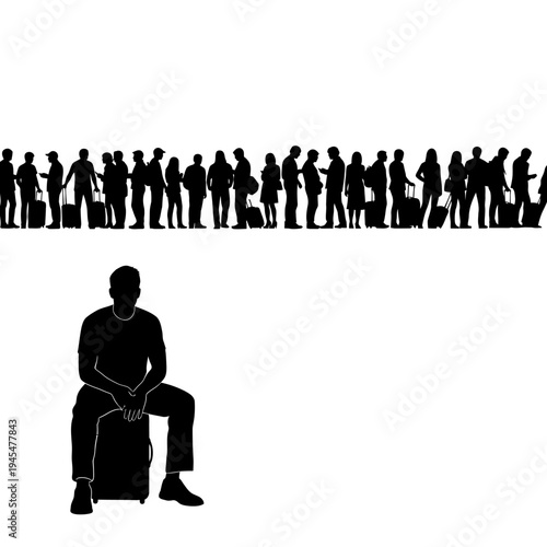 Silhouette of a man sitting on a suitcase with a long line of people waiting behind him.