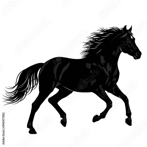 Majestic black horse galloping with flowing mane and tail against a white background, symbolizing freedom and power.