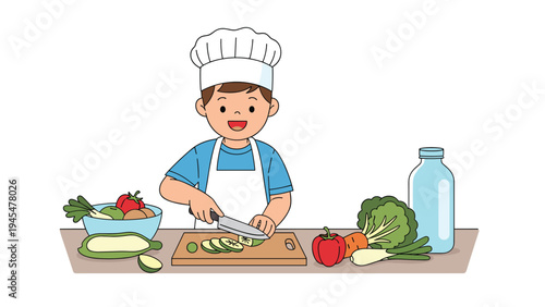 Young boy dressed as a chef happily prepares healthy vegetables on a cutting board in a clean kitchen.