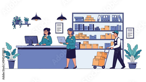 Warehouse staff and receptionists work together in a busy logistics center with organized shelves of boxes.