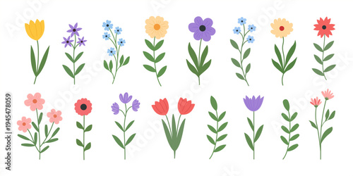 Spring and summer abstract flowers set with lush green leaves, floral botanical elements: for occasions: Mother's Day, Women's Day, Easter.