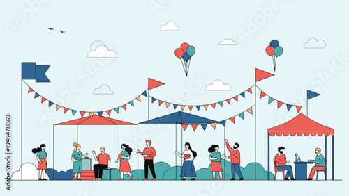 Community fair features outdoor tents colorful flags balloons and people enjoying a festive social gathering.