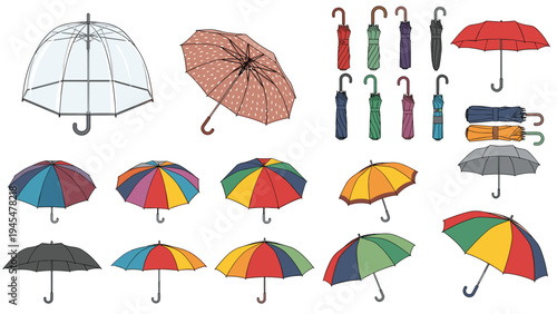 Extensive collection of various umbrellas in different colors, patterns, and states including open, folded, and transparent designs.