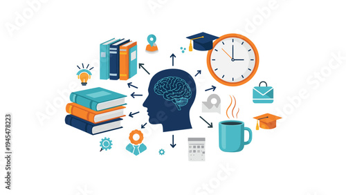 Education and knowledge acquisition concept illustration with a human head silhouette containing a brain surrounded by various learning symbols.