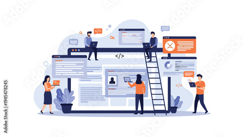 Professional web development team collaborating on a website project featuring coding, user interface design, and teamwork on a large screen.