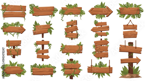 Extensive set of blank wooden planks and signs integrated with tropical greenery, jungle foliage, and hanging vines for outdoors themes.
