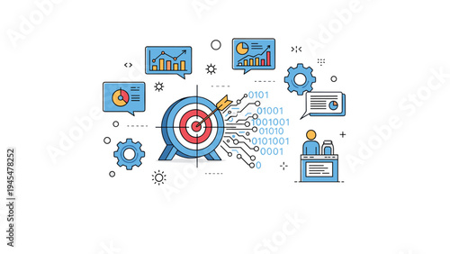 Business data analysis infographic showing target with arrow connected to digital nodes, charts, and customer service representative icon.