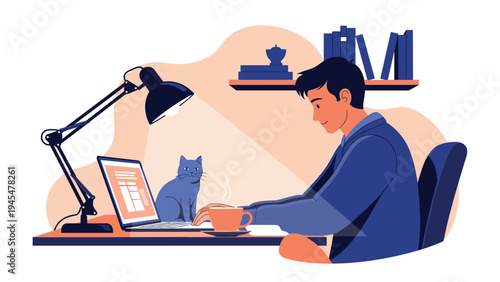 Young man working remotely on laptop at desk with a blue cat sitting nearby, cozy home office environment with lamp and bookshelves.