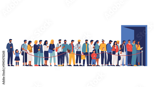 Diverse group of people standing in a long queue waiting to enter a blue door, representing patience, waiting, and service lines.