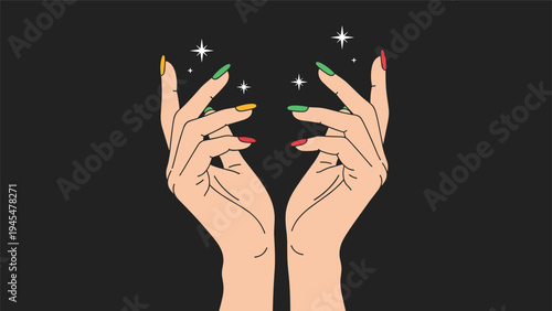 Pair of hands reaching upwards with multi colored manicured nails against a black background decorated with small shining white stars.