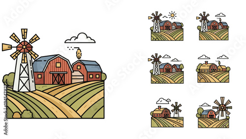 Agriculture and farm theme set featuring various landscapes with barns, windmills, cultivated fields, and different rural farm buildings.