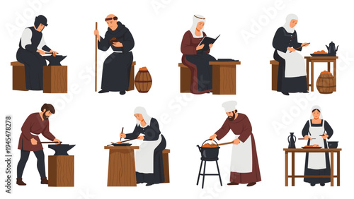 Collection of medieval characters engaged in daily activities like blacksmithing, cooking, reading, gardening, and religious study.
