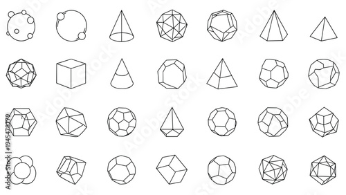 Comprehensive set of geometric shape line drawings including spheres, cubes, cones, pyramids, and various complex polyhedrons and crystals.