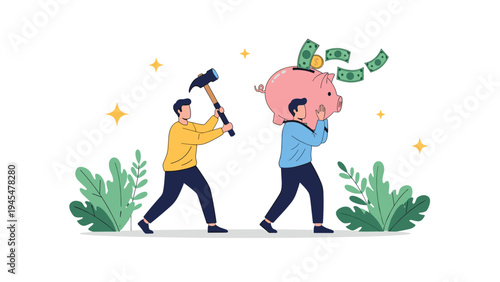 Financial concept illustration showing two men working together to break a large pink piggy bank to release money and coins.