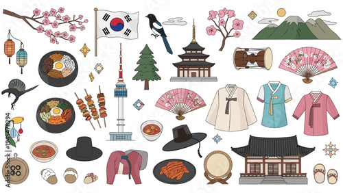 Large collection of South Korean cultural symbols featuring national flag, landmarks, traditional food, clothing, architecture, and nature icons.