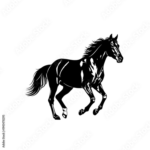 Silhouette of a black horse running with its mane flowing and tail streaming behind it against a white background.