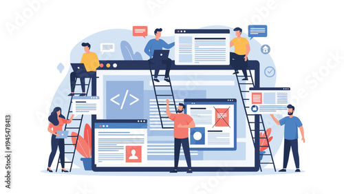 Team of web developers collaborates on building a large website interface with various functional code components.